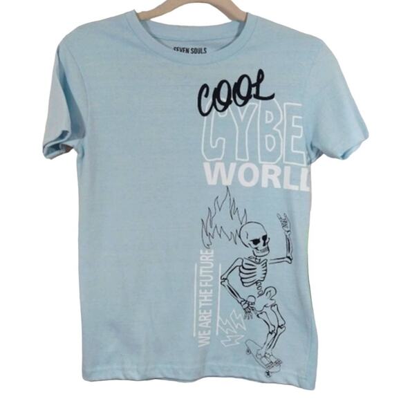 F Seven Souls Boys Blue Cool Cyber World Skeleton Skateboard Tee Shirt NWT 10 12 - Picture 1 of 7